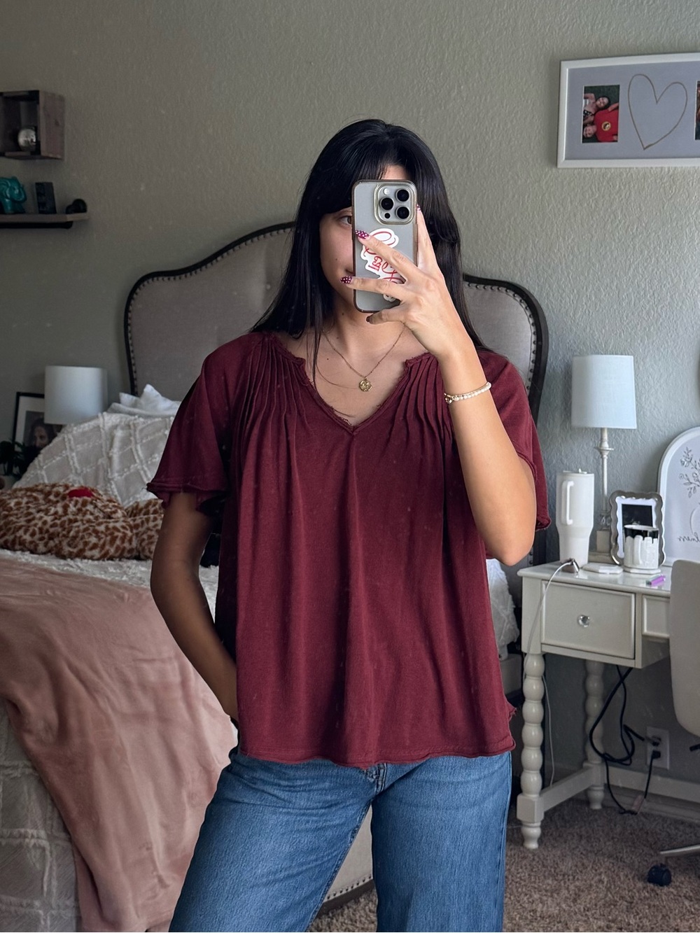 bohme Burgundy V-Neck Short Sleeve Flutter Top